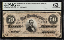 T-66. Confederate Currency. 1864 $50. PMG Choice Uncirculated 63. 

No. 12319, Plate YA. PMG comments "Discoloration", which we question.

Estimat...