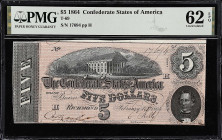 T-69. Confederate Currency. 1864 $5. PMG Uncirculated 62 EPQ. 

No. 17694, Plate H. A Choice Uncirculated $5 with original paper.

Estimate: $100....