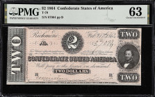 T-70. Confederate Currency. 1864 $2. PMG Choice Uncirculated 63. 

No. 87084, Plate B. PMG comments "Previously Mounted, Pinholes".

Estimate: $12...