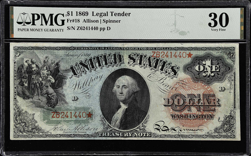 Fr. 18. 1869 $1 Legal Tender Note. PMG Very Fine 30.

PMG comments "Repaired"....