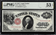 Fr. 37. 1917 $1 Legal Tender Note. PMG About Uncirculated 53 EPQ.

Elliott - Burke signature combination.

From the Cartwright Collection.

Esti...