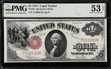 Fr. 39. 1917 $1 Legal Tender Note. PMG About Uncirculated 53 EPQ.

Serial number T5500012A.

Estimate: $250.00- $350.00