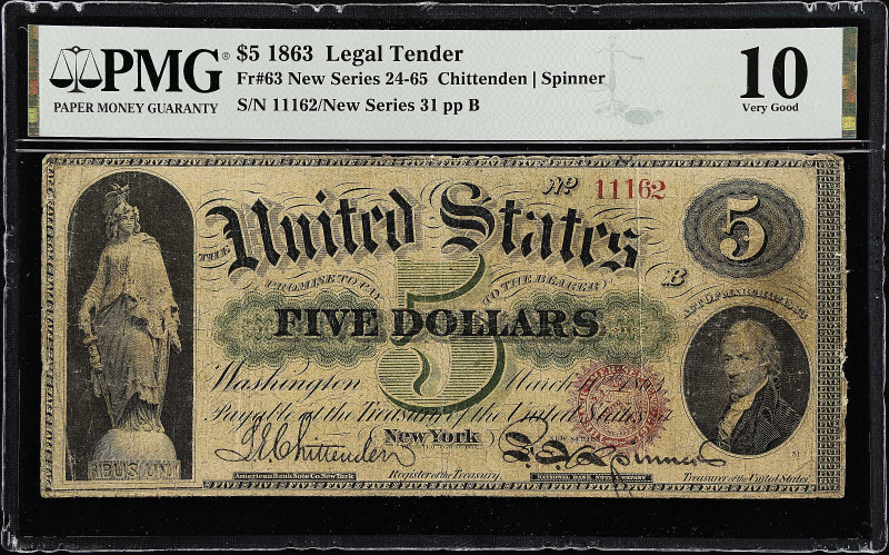 Fr. 63. 1863 $5 Legal Tender Note. PMG Very Good 10.

New Series 31. Annotatio...