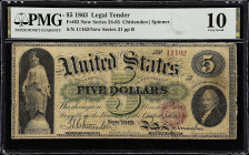 Fr. 63. 1863 $5 Legal Tender Note. PMG Very Good 10.

New Series 31. Annotation on back.

From the Cartwright Collection.

Estimate: $300.00- $4...