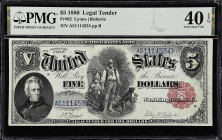 Fr. 82. 1880 $5 Legal Tender Note. PMG Extremely Fine 40 EPQ.

Lyons - Roberts signature combination. A mid-grade offering of this 1880 series woodc...