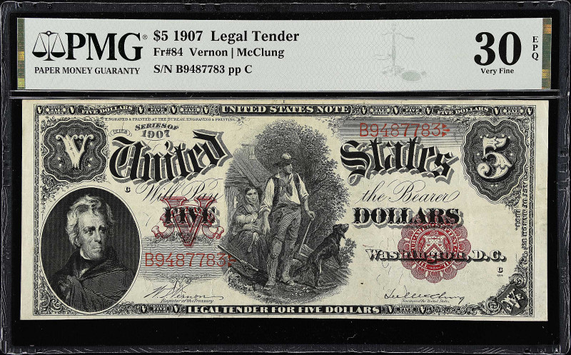 Fr. 84. 1907 $5 Legal Tender Note. PMG Very Fine 30 EPQ.

Vernon - McClung sig...