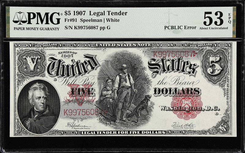 Fr. 91. 1907 $5 Legal Tender Note. PMG About Uncirculated 53 EPQ.

PCBLIC erro...