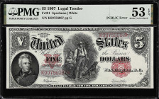 Fr. 91. 1907 $5 Legal Tender Note. PMG About Uncirculated 53 EPQ.

PCBLIC error.

Estimate: $400.00- $600.00