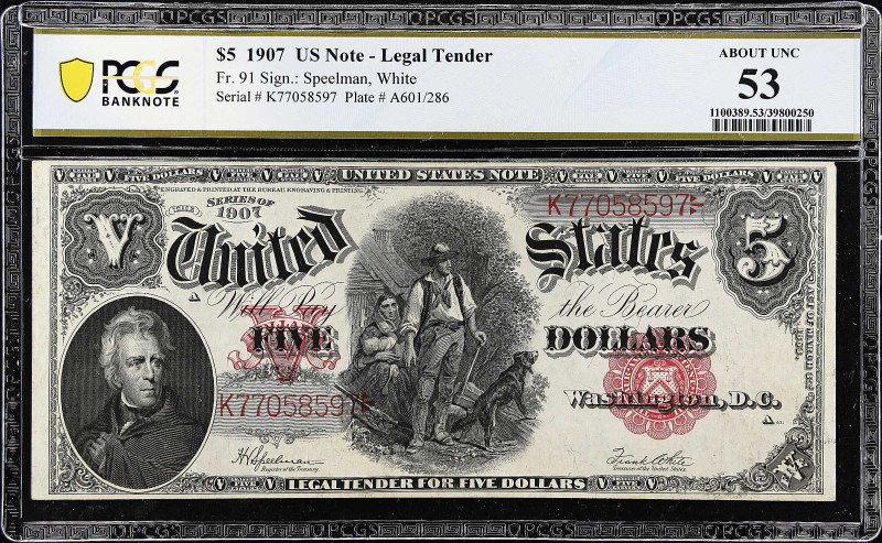 Fr. 91. 1907 $5 Legal Tender Note. PCGS Banknote About Uncirculated 53.

An Ab...