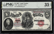 Fr. 91. 1907 $5 Legal Tender Note. PMG Choice Very Fine 35 EPQ.

A popular woodchopper type with this example offering original paper.

From the C...