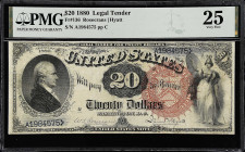 Fr. 136. 1880 $20 Legal Tender Note. PMG Very Fine 25.

Rosecrans - Hyatt signature combination with large red spiked seal. PMG comments "Repaired"....