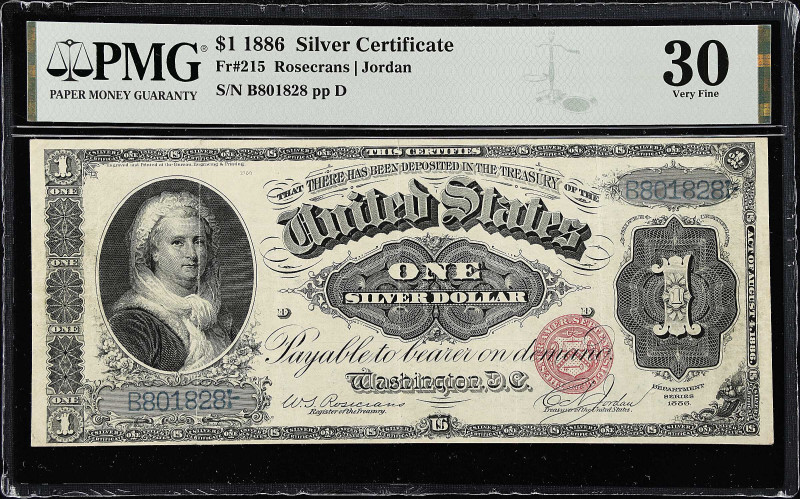 Fr. 215. 1886 $1 Silver Certificate. PMG Very Fine 30.

Rosecrans - Jordan sig...