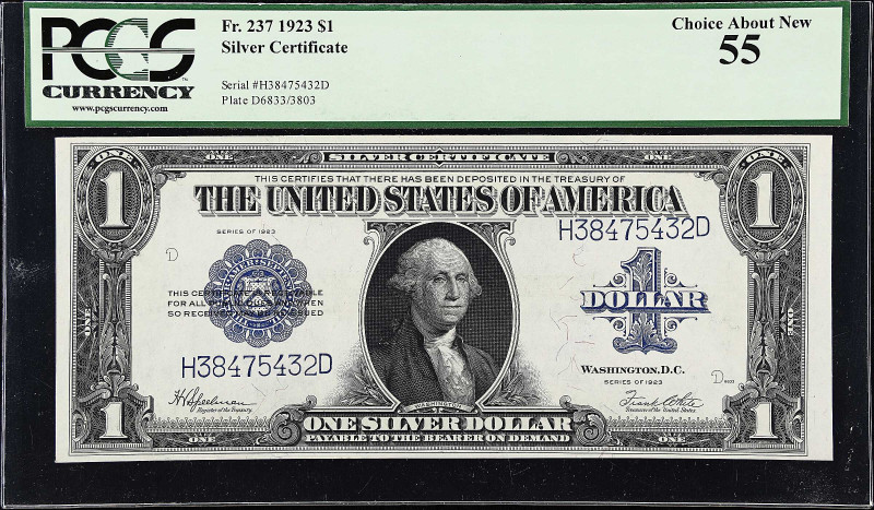 Fr. 237. 1923 $1 Silver Certificate. PCGS Currency Choice About New 55.

Brigh...
