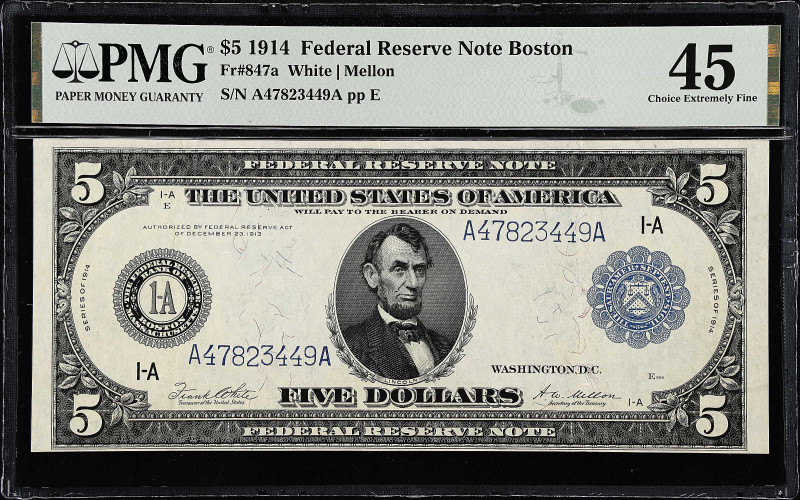 Fr. 847a. 1914 $5 Federal Reserve Note. Boston. PMG Choice Extremely Fine 45.
...