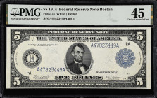 Fr. 847a. 1914 $5 Federal Reserve Note. Boston. PMG Choice Extremely Fine 45.

White - Mellon signature combination.

Estimate: $150.00- $250.00