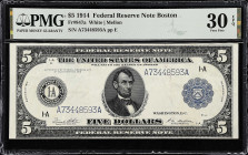 Fr. 847a. 1914 $5 Federal Reserve Note. Boston. PMG Very Fine 30 EPQ.

White - Mellon signature combination.

From the Cartwright Collection.

E...
