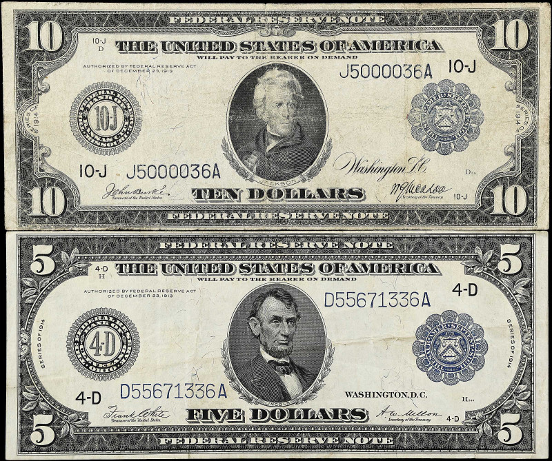 Lot of (2). Fr. 859A & 940. 1914 $5 & $10 Federal Reserve Notes. Fine & Very Fin...