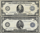 Lot of (2). Fr. 859A & 940. 1914 $5 & $10 Federal Reserve Notes. Fine & Very Fine.

Edge wear is found on the $10.

Estimate: $100.00- $150.00