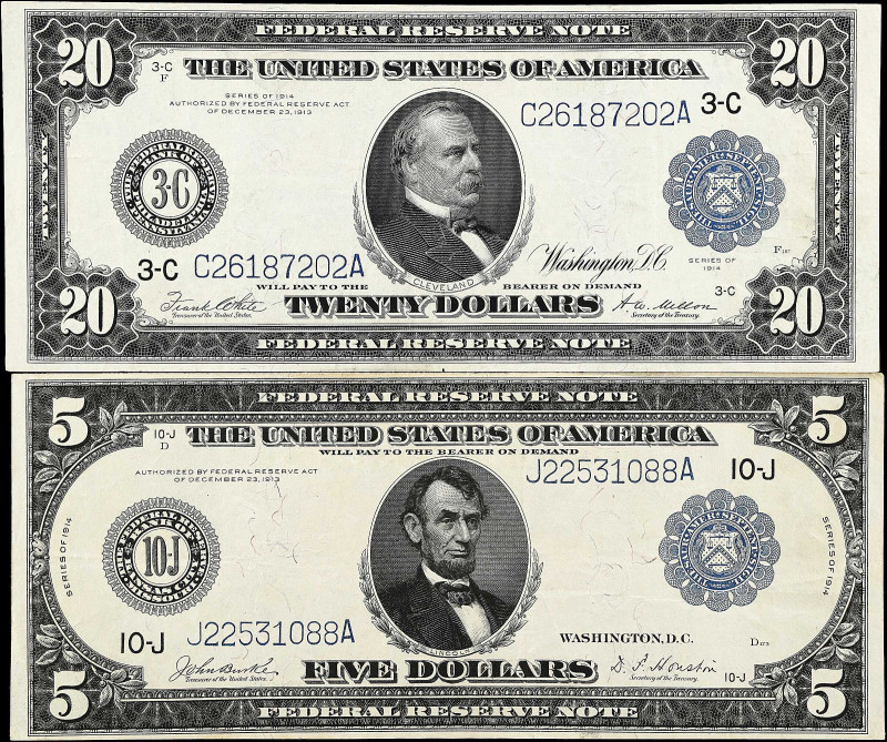 Lot of (2). Fr. 882 & 975. 1914 $5 & $20 Federal Reserve Notes. Very Fine.

Mi...