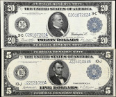 Lot of (2). Fr. 882 & 975. 1914 $5 & $20 Federal Reserve Notes. Very Fine.

Minor staining on the $5.

Estimate: $150.00- $250.00