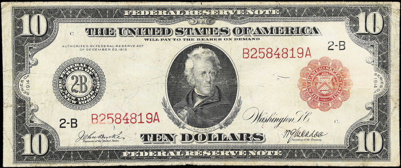 Fr. 893A. 1914 Red Seal $10 Federal Reserve Note. New York. Fine.

Pinholes. E...