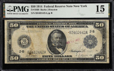 Fr. 1030. 1914 $50 Federal Reserve Note. New York. PMG Choice Fine 15.

Burke - Houston signature combination. PMG comments "Ink Stamp, Rust".

Es...