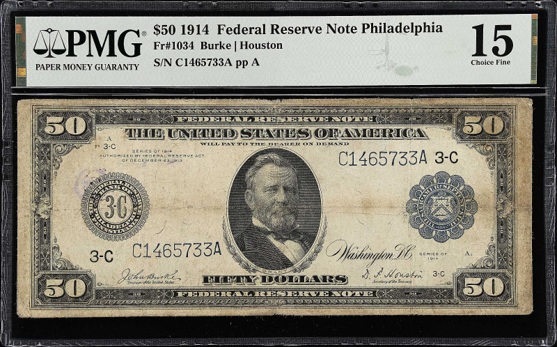 Fr. 1034. 1914 $50 Federal Reserve Note. Philadelphia. PMG Choice Fine 15.

Bu...