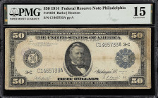 Fr. 1034. 1914 $50 Federal Reserve Note. Philadelphia. PMG Choice Fine 15.

Burke - Houston signature combination. PMG comments "Ink Stamp".

Esti...