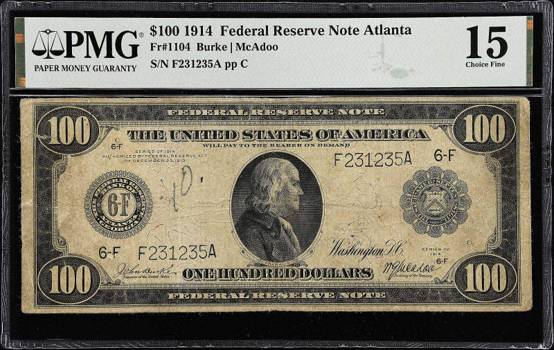 Fr. 1104. 1914 $100 Federal Reserve Note. Atlanta. PMG Choice Fine 15.

Burke ...