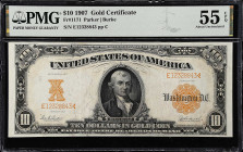 Fr. 1171. 1907 $10 Gold Certificate. PMG About Uncirculated 55 EPQ.

Parker - Burke signature combination. This note has attained PMG's all-importan...