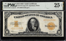 Fr. 1173. 1922 $10 Gold Certificate. PMG Very Fine 25 EPQ.

Large serial number variety.

Estimate: $200.00- $300.00