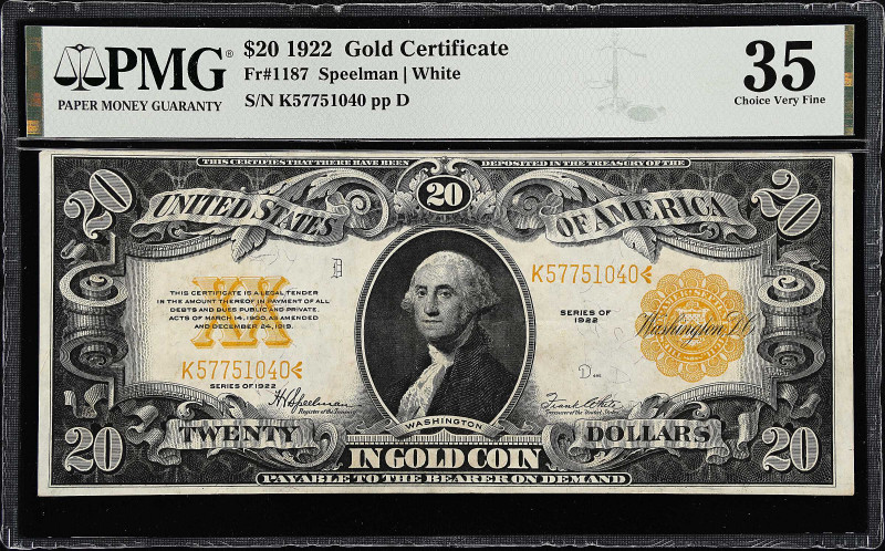 Fr. 1187. 1922 $20 Gold Certificate. PMG Choice Very Fine 35.

A mid-grade exa...