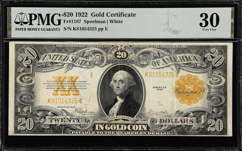 Fr. 1187. 1922 $20 Gold Certificate. PMG Very Fine 30.

A type sought after in...