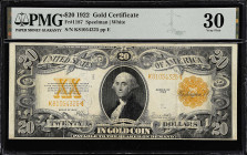 Fr. 1187. 1922 $20 Gold Certificate. PMG Very Fine 30.

A type sought after in any grade level.

Estimate: $400.00- $600.00