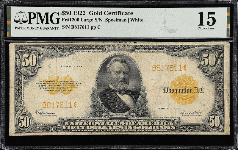 Fr. 1200. 1922 $50 Gold Certificate. PMG Choice Fine 15.

Large serial number ...