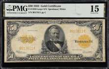 Fr. 1200. 1922 $50 Gold Certificate. PMG Choice Fine 15.

Large serial number variety.

Estimate: $600.00- $800.00