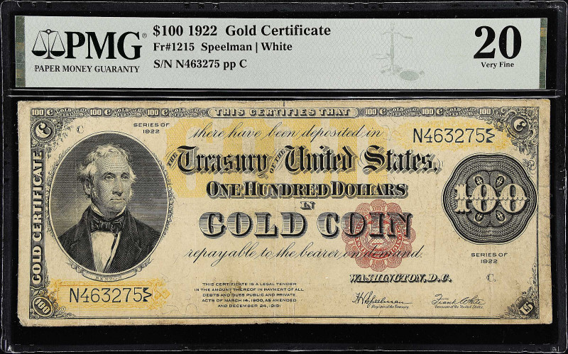 Fr. 1215. 1922 $100 Gold Certificate. PMG Very Fine 20.

Speelman - White sign...