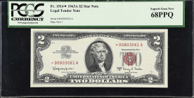 Fr. 1514*. 1963A $2 Legal Tender Star Note. PCGS Currency Superb Gem New 68 PPQ.

A lofty example of this 1963A replacement.

Estimate: $150.00- $...