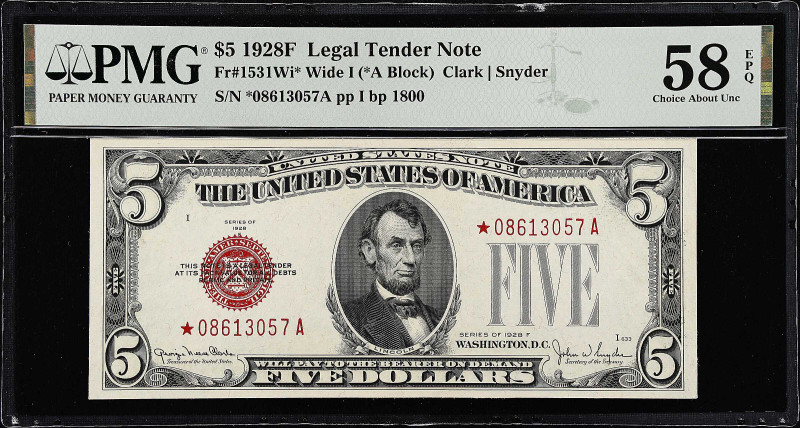 Fr. 1531Wi*. 1928F $5 Legal Tender Note. PMG Choice About Uncirculated 58 EPQ.
...