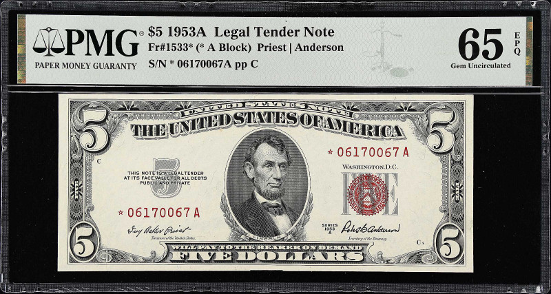 Fr. 1533*. 1953A $5 Legal Tender Star Note. PMG Gem Uncirculated 65 EPQ.

A Ge...