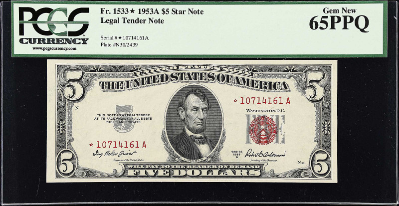 Fr. 1533*. 1953A $5 Legal Tender Star Note. PCGS Currency Gem New 65 PPQ.

Pac...