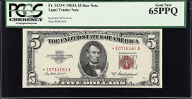 Fr. 1533*. 1953A $5 Legal Tender Star Note. PCGS Currency Gem New 65 PPQ.

Pack fresh paper and appeal.

Estimate: $100.00- $150.00