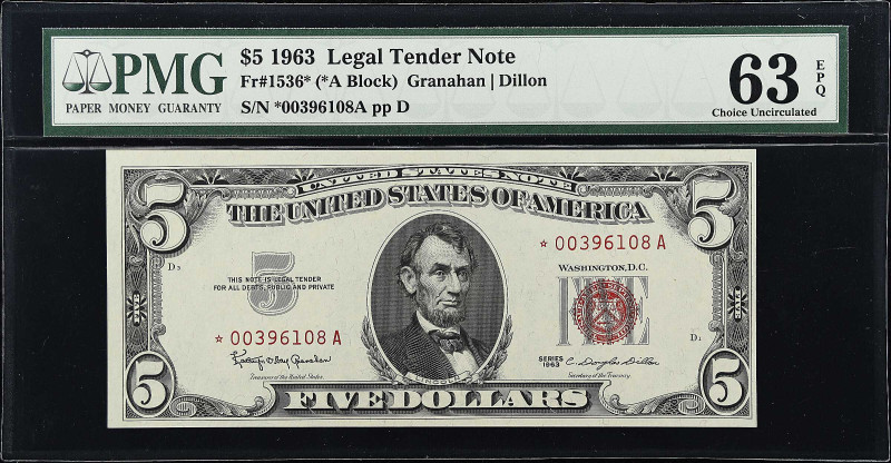 Fr. 1536*. 1963 $5 Legal Tender Note. PMG Choice Uncirculated 63 EPQ.

Replace...