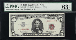 Fr. 1536*. 1963 $5 Legal Tender Note. PMG Choice Uncirculated 63 EPQ.

Replacement.

Estimate: $60.00- $80.00