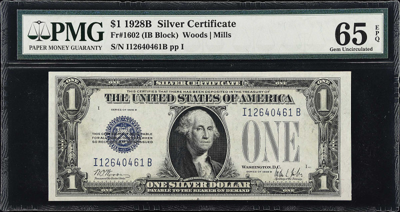 Fr. 1602. 1928B $1 Silver Certificate. PMG Gem Uncirculated 65 EPQ.

A Gem fun...