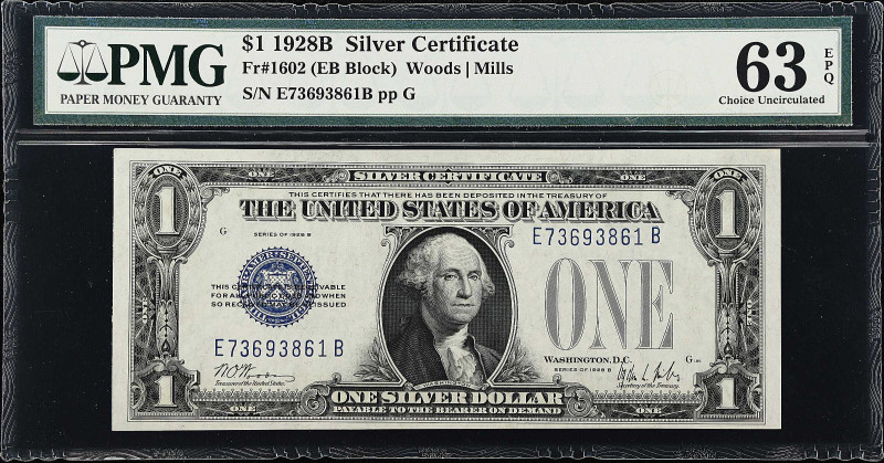 Fr. 1602. 1928B $1 Silver Certificate. PMG Choice Uncirculated 63 EPQ.

Attrac...