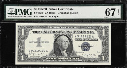 Lot of (2). Fr. 1621 & 1621*. 1957B $1 Silver Certificates. PMG Gem Uncirculated 66 EPQ & Superb Gem Unc 67 EPQ.

A pair of high grade 1957B $1 Silv...