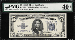 Fr. 1651*. 1934A $5 Silver Certificate Star Note. PMG Extremely Fine 40 EPQ.

A mid-grade $5 replacement from the 1934A series.

Estimate: $80.00-...