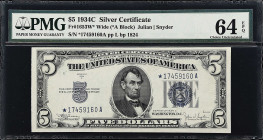 Fr. 1653W*. 1934C $5 Silver Certificate Star Note. PMG Choice Uncirculated 64 EPQ.

Near-Gem replacement.

Estimate: $125.00- $175.00