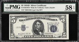 Fr. 1654Wii*. 1934D $5 Silver Certificate Star Note. Wide II. PMG Choice About Uncirculated 58 EPQ.

Better Wide II replacement.

Estimate: $200.0...